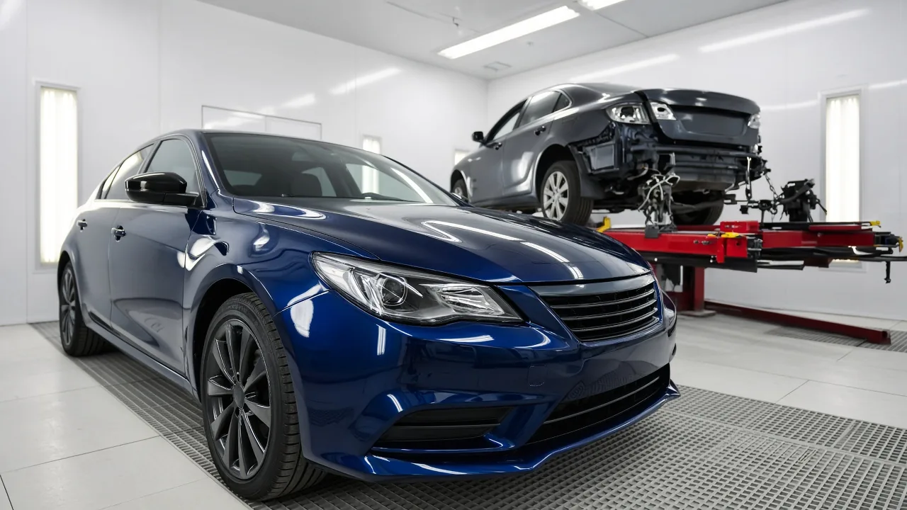 A dark blue sedan with a glossy fresh finish inside a bright white paint booth, with a damaged car on a red frame-straightening bench behind it
